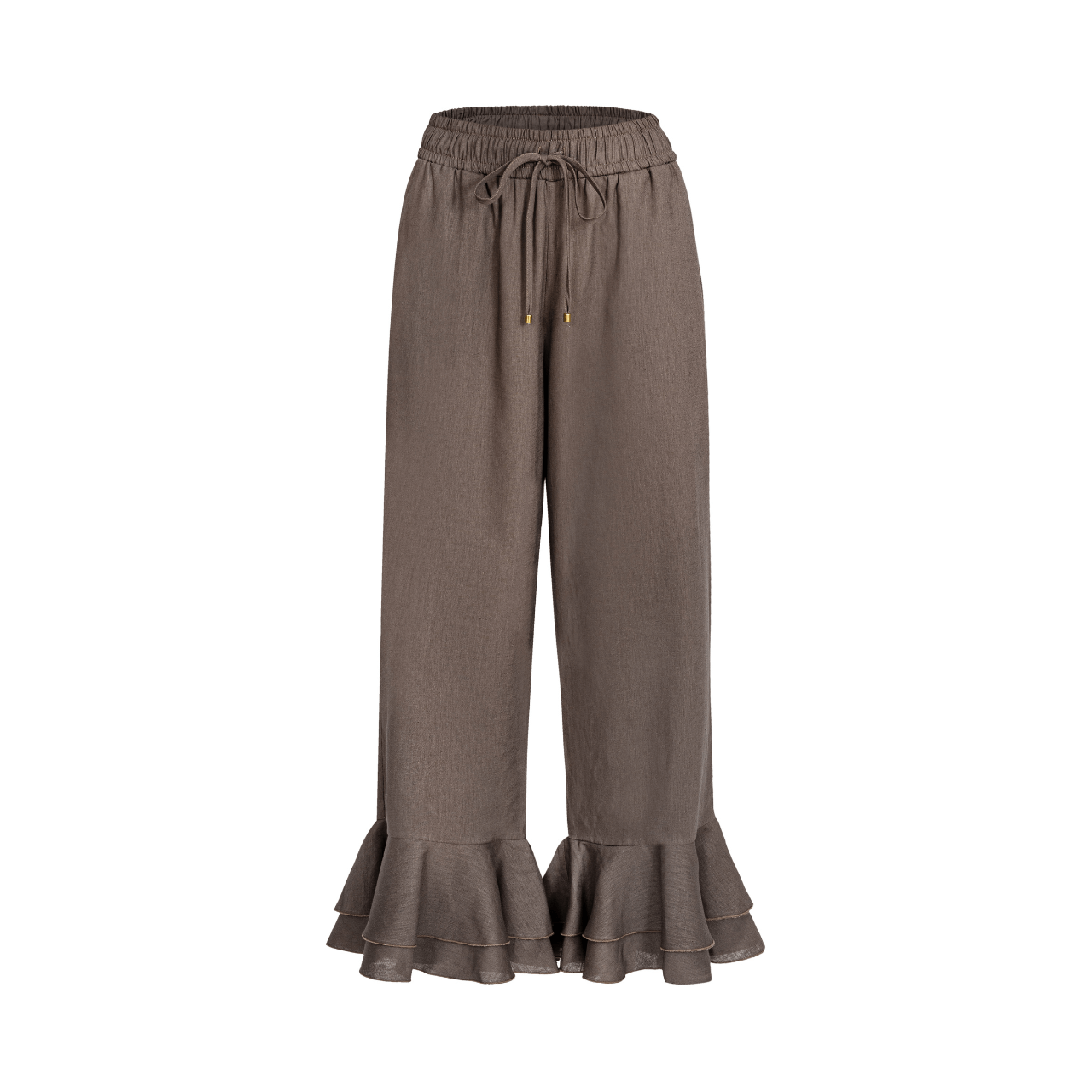 Lniane spodnie w kolorze ziemistego brązu z falbaną przy nogawkach – lekki, kobiecy fason w stylu boho od Aleksandry Markowskiej.