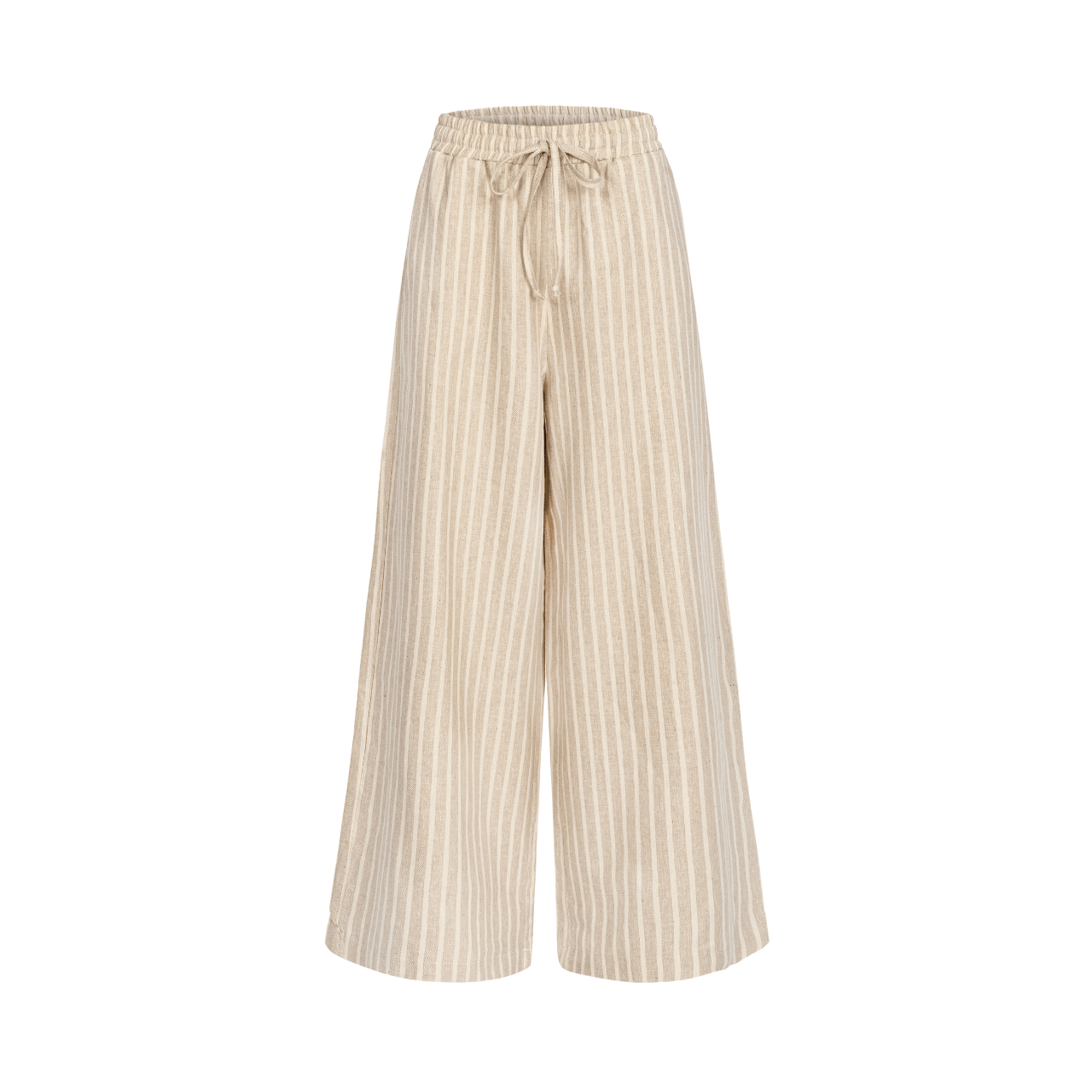 Szerokie spodnie z wysokogatunkowego hiszpańskiego lnu od Aleksandry Markowskiej z wygodnym wiązaniem i beżowo-białymi paskami.