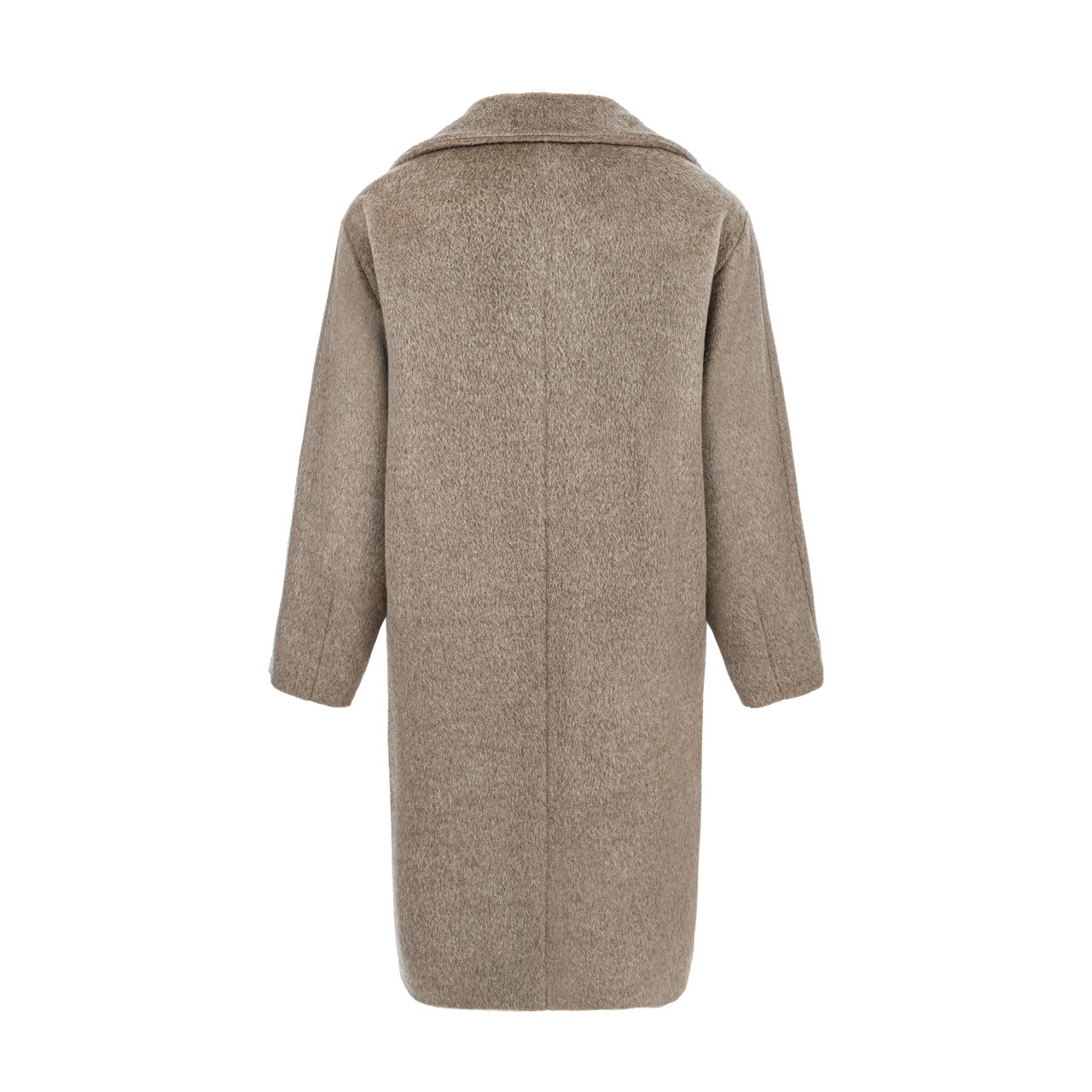 Tył klasycznego płaszcza w ciepłym odcieniu beżu, idealnie wpisujący się w nurt quiet luxury – doskonały zarówno na co dzień, jak i na formalne okazje.