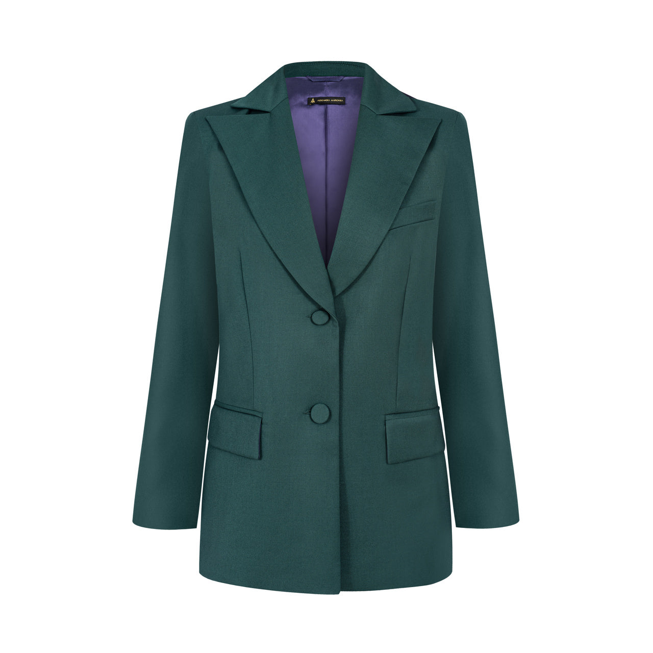 Aleksandra Markowska – butelkowo zielona damska marynarka premium z fioletową podszewką, elegancki krój z klasycznym kołnierzem.