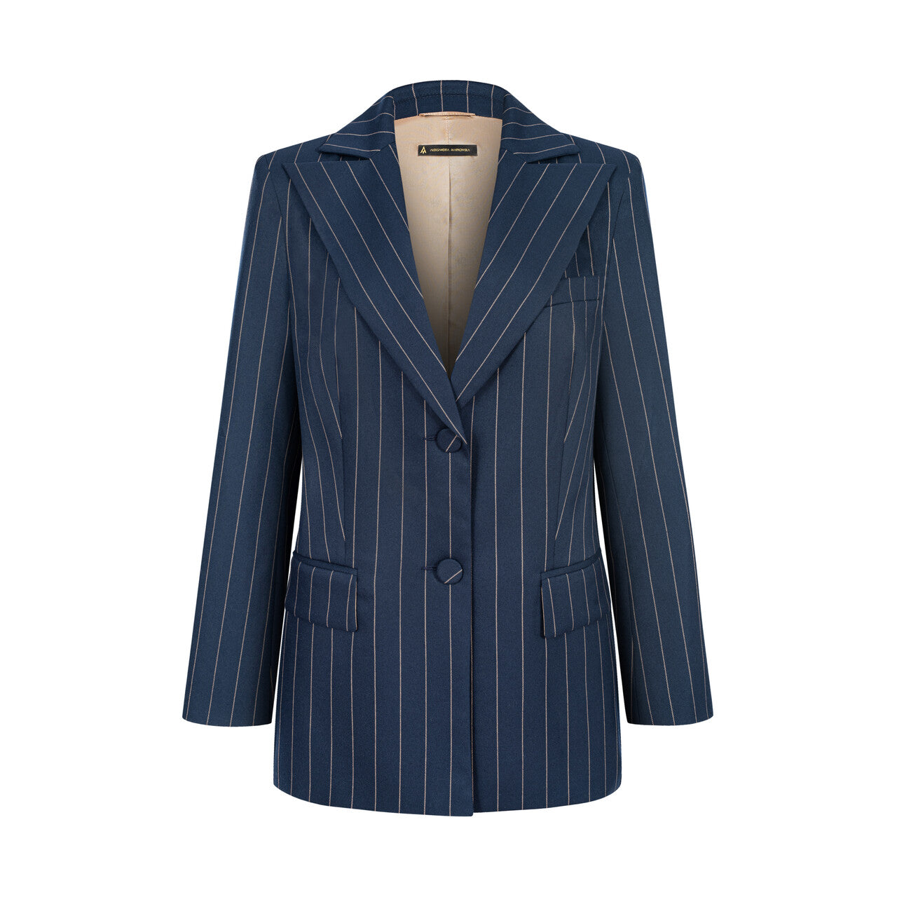 Aleksandra Markowska i granatowa marynarka damska w prążek w stylu smart casual i business chic, zaprojektowana z myślą o nowoczesnej elegancji.