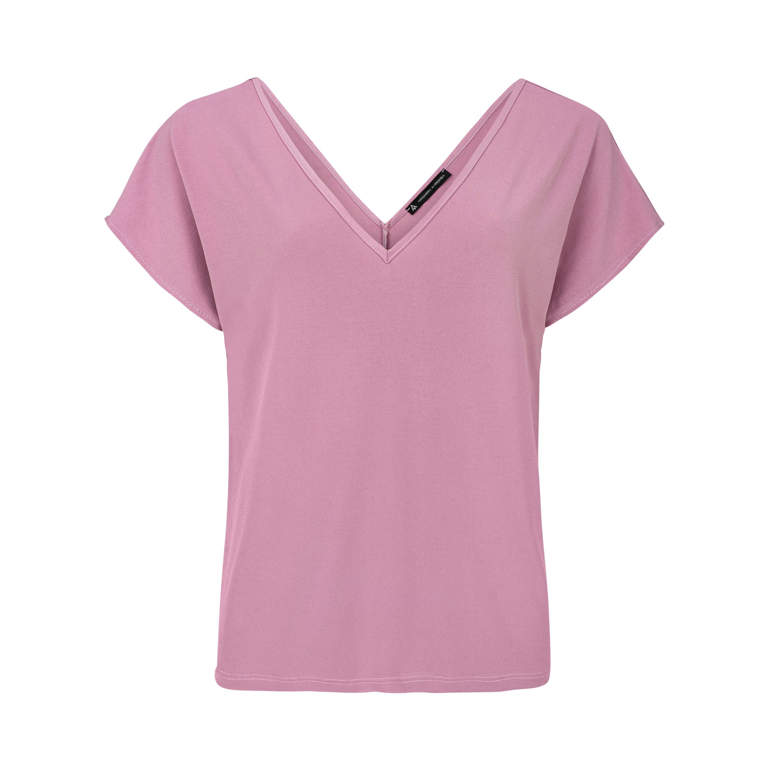 T-shirt damski Basic w kolorze pudrowego różu z dekoltem V – luźny fason z rękawem kimono uszyty z miękkiej dzianiny wiskozowej