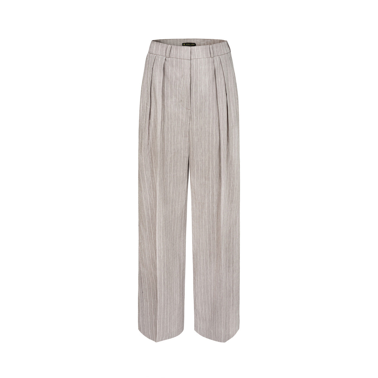 Spodnie Palazzo Siena marki Aleksandra Markowska – przód modelu z wysokim stanem, szeroką nogawką i kantem, w beżowy prążek z lekkiego lnu z wiskozą. Elegancka baza do letnich stylizacji.