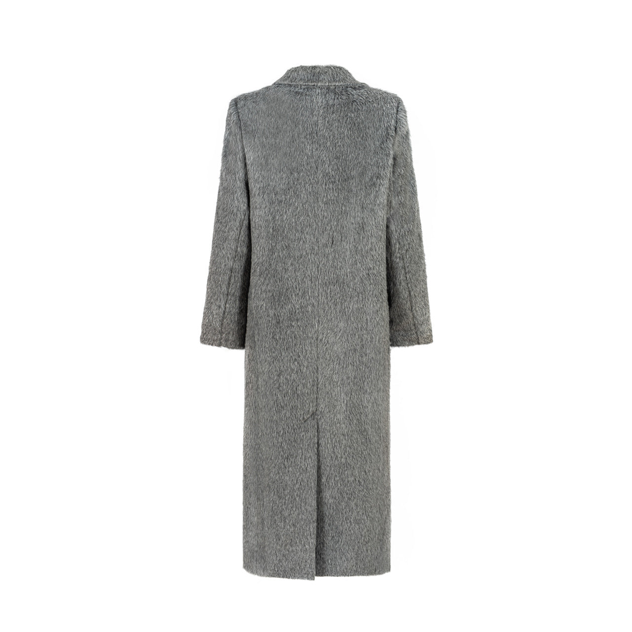 Widok tylnej części płaszcza do kostek – luksusowy fason z taliowaniem, idealny do stylizacji w duchu smart casual i miejskiej elegancji.