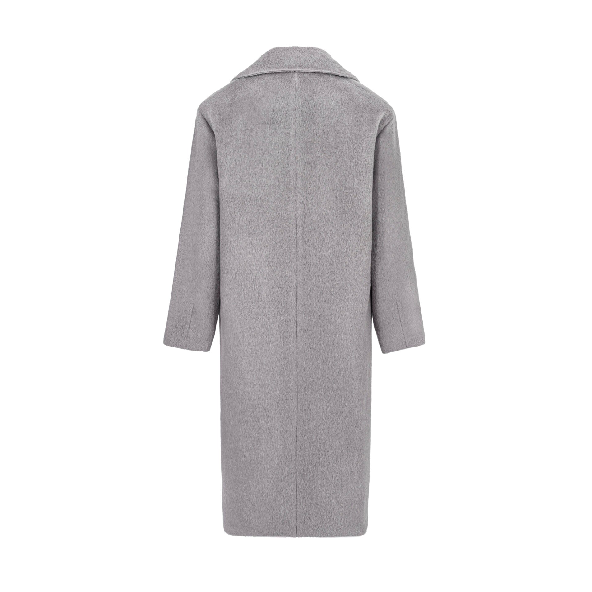 Minimalistyczny płaszcz do kolan w odcieniu szarości, o fasonie oversize – idealny wybór do miejskich stylizacji w duchu modern classic od Aleksandry Markowskiej.