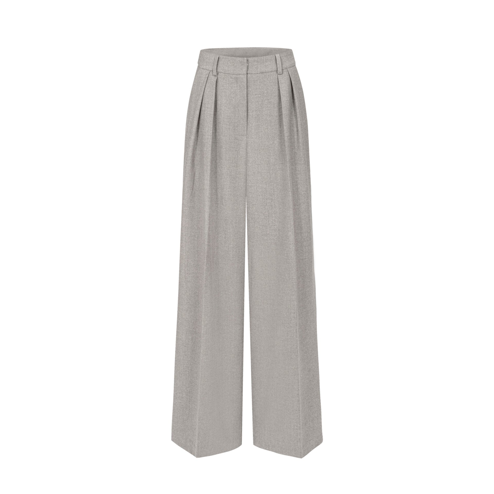 Spodnie palazzo w szarym kolorze z wysokim stanem, szerokimi nogawkami i kantem – elegancki fason w duchu stylu smart casual od Aleksandry Markowskiej.