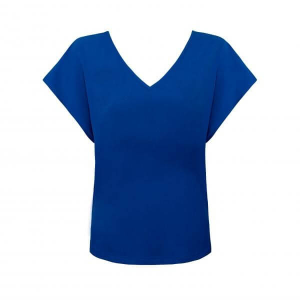 Granatowy t-shirt damski z wiskozy Basic – minimalistyczny krój z dekoltem w serek, idealny pod marynarkę lub do jeansów